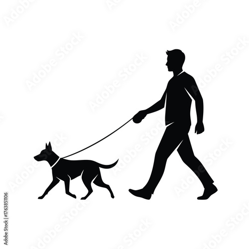 Silhouette of a man walking a dog on a leash outdoors on a bright day silhouette