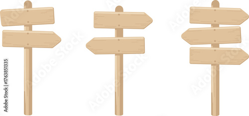 Wooden directional signpost illustration with multiple arrow boards, isolated on white background, travel guide concept, navigation symbol, blank road direction signage