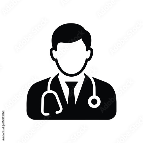 Black Doctor Icon Illustration of Medical Professional with Stethoscope and Tie on White Background