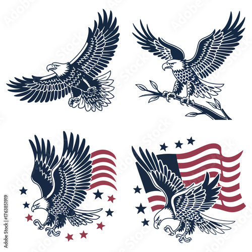 Powerful USA Eagle Vector Set with Patriotic Flying Poses
