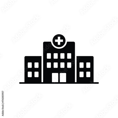 Black Hospital Icon with White Background, ThreePart Building With Windows and Cross