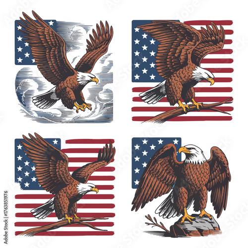 Powerful USA Eagle Vector Set with Patriotic Flying Poses