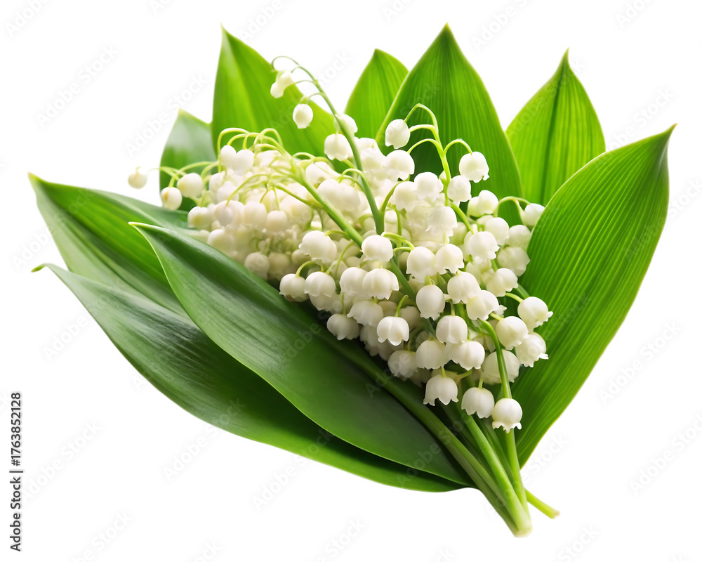 Fototapeta premium Delicate white lily of the valley flowers, with vibrant green leaves, cutout, PNG isolated on white or transparent background