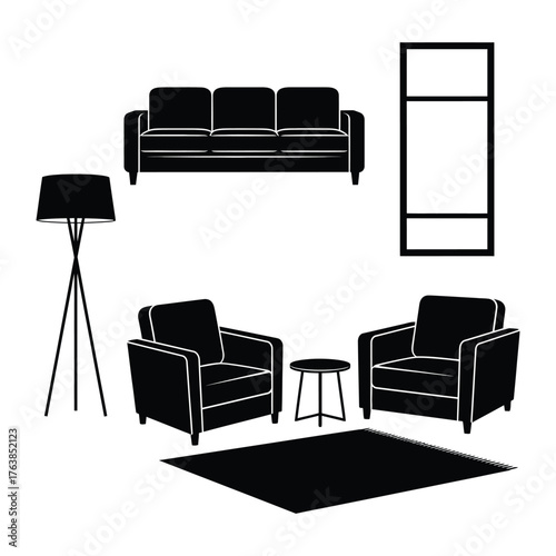 Home Decor Design: An elegant and modern home decor arrangement with a sofa, two armchairs, a rug, a lamp, a side table and window frame