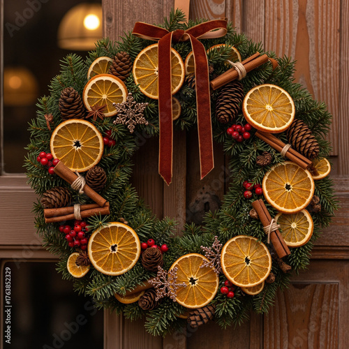 Decorated solstice wreath with oranges and cinnamon, celebrating winter solstice spirit