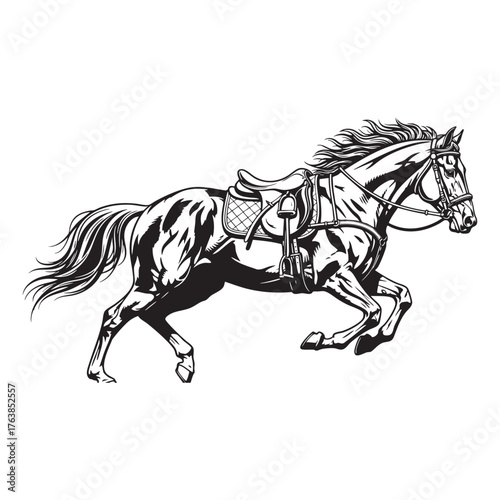 Galloping Horse with Saddle and Bridle - Detailed Equestrian Illustration