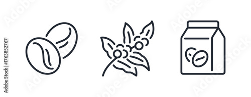 Coffee bean, branch and package editable stroke outline icon isolated on white background flat vector illustration. Pixel perfect. 64 x 64.