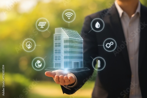 Businessman holding smart building hologram with eco-friendly and energy-efficient technology icons. Concept of sustainable architecture, green construction, and smart city innovation.