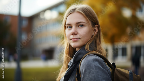 Retrato de jovem estudante universitária no campus com mochila.