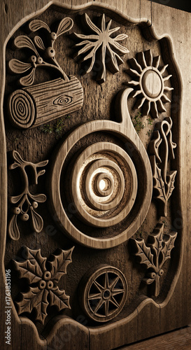 Solstice symbols carved in wood, showcasing intricate designs and festive elements