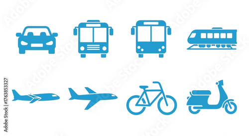 Various modes of transportation illustrated with simple blue glyph icons