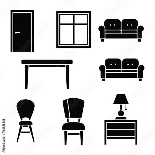 Minimalist Interior Design: A collection of modern furniture and architectural elements, rendered in a simple monochrome style, creating a sense of clean design and inviting space.