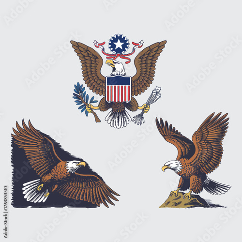 Powerful USA Eagle Vector Set with Patriotic Flying Poses