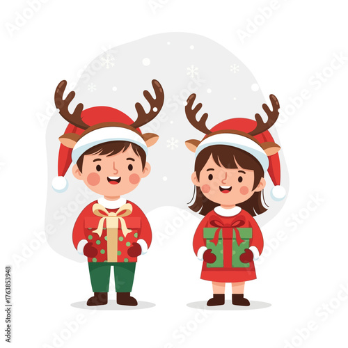 Adorable cartoon illustration of a boy and girl in festive reindeer costumes holding Christmas presents under falling snow