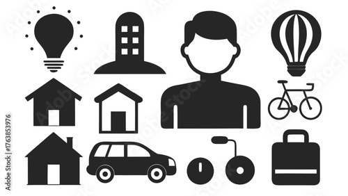 Collection of black icons representing housing transportation ideas and personal profile elements