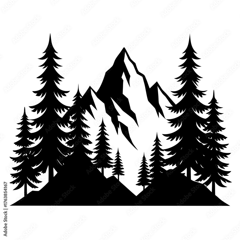 Obraz premium Black silhouette of pine trees and jagged mountains against a white background