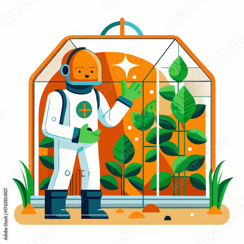 Astronaut tending to plants inside a futuristic greenhouse on an alien planet
