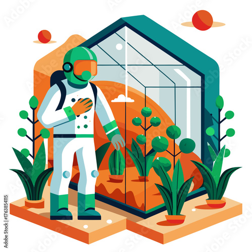 Astronaut tending to plants inside a futuristic greenhouse on an alien planet