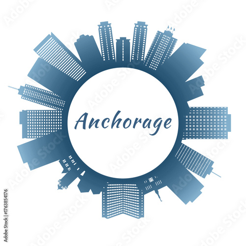 Anchorage skyline with colorful buildings. Circular style. Stock vector illustration