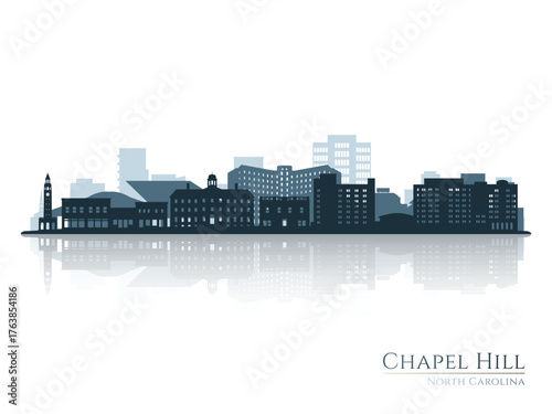 Chapel Hill skyline silhouette with reflection. Landscape Chapel Hill, South Carolina. Vector illustration.