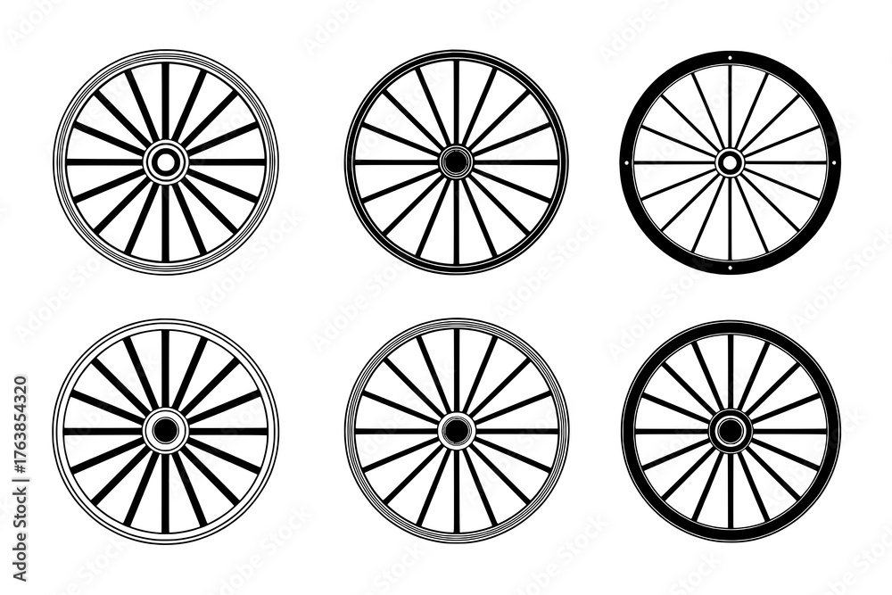 Fototapeta premium A collection of six distinct black and white wagon wheel icons, presented in a grid, showcasing various rim and hub styles with solid spokes.