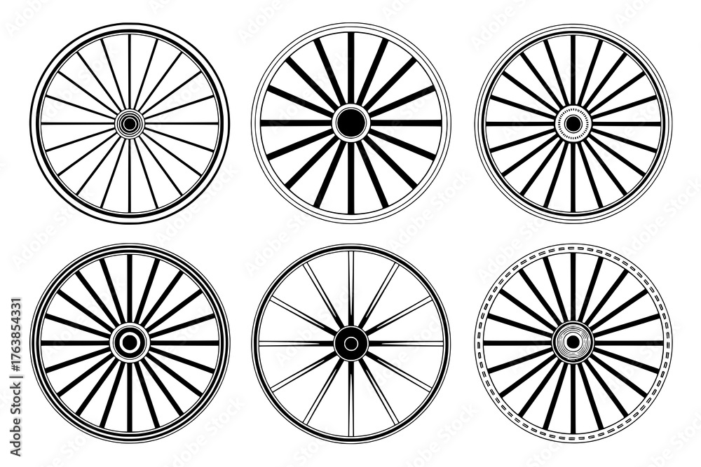 Fototapeta premium A collection of six distinct black and white wagon wheel icons, each featuring unique spoke, rim, and hub designs in a flat vector style.