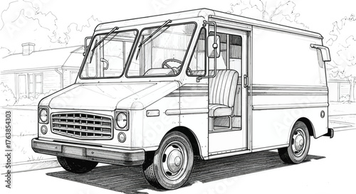 Detailed illustration of a delivery van, showcasing its design and functionality for postal and package services, isolated on white background