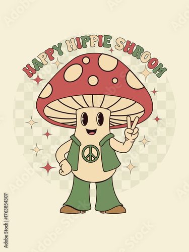 Happy Hippie Shroom Character Making Peace Sign with Groovy Text