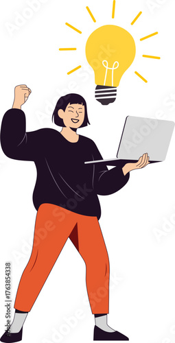 Happy Woman Celebrating New Idea with Laptop and Glowing Lightbulb