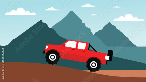 Red Off Road Pickup Truck Driving Uphill on a Mountainous Landscape