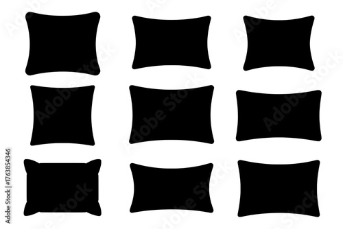 A 3x3 grid of nine solid black pillow and cushion silhouettes, each with distinct shape variations and rounded corners.