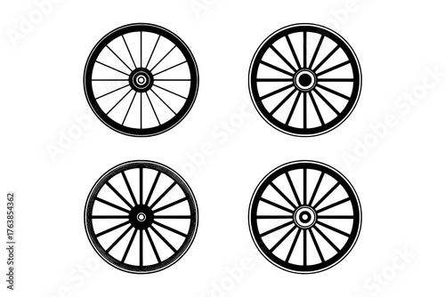 A grid of four black and white wagon wheel icons, each with distinct variations in solid and outlined rim, spoke, and hub designs, presented on a clean white background.
