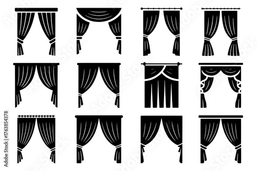 A Grid of Twelve Flat Black Curtain Icons with Varied Hanging and Tie-Back Styles Against a White Background