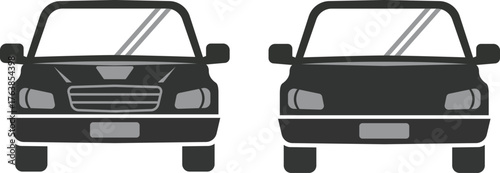 Two minimalist front view automobile icons with sleek modern design for transportation concepts