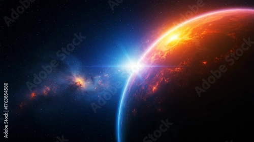 Glowing planet with colorful cosmic light in space background, sci-fi galaxy scene, abstract universe visuals, astronomy inspiration, nebula colors and celestial environment in deep space