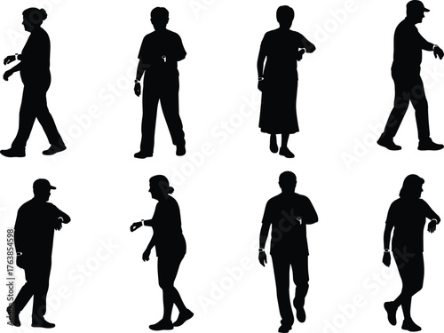 Senior Walking with Fitness Watch, Elderly Exercise Vector Illustration, Active Aging and Health Monitoring Concept