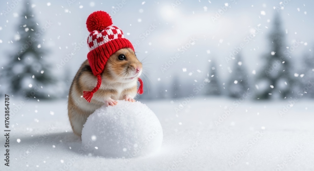 Fototapeta premium Cute hamster in a red knitted hat with a snowball in a winter snow scene. Funny animal celebrating Christmas holidays. Copy space for text