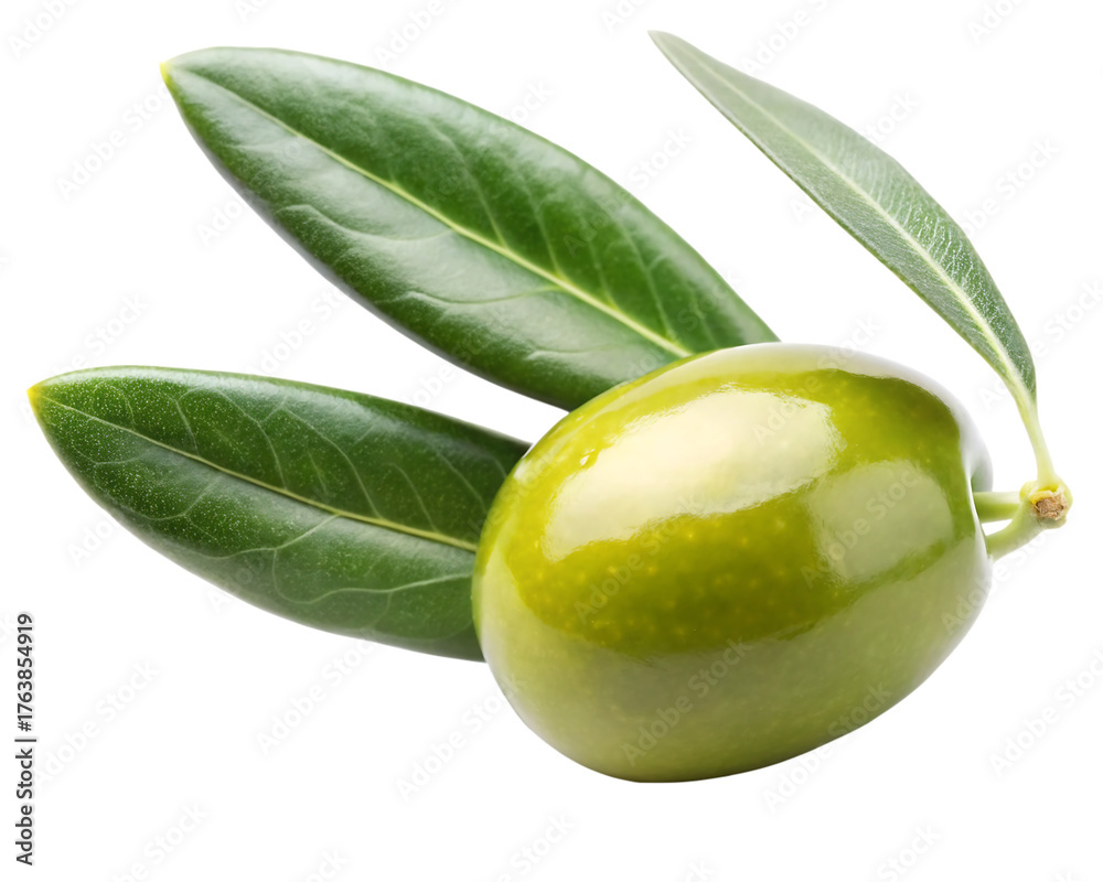 Obraz premium Single ripe green olive, with textured leaves on a branch, cutout, PNG isolated on white or transparent background