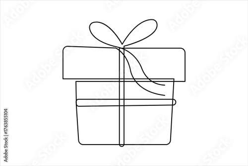 Continuous one line art drawing of present box with ribbon and bow. Gift box single line art outline vector illustration
