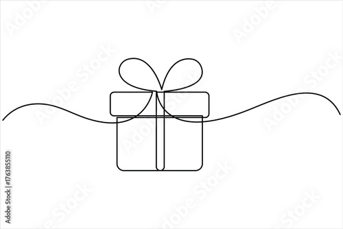 Continuous one line art drawing of present box with ribbon and bow. Gift box single line art outline vector illustration