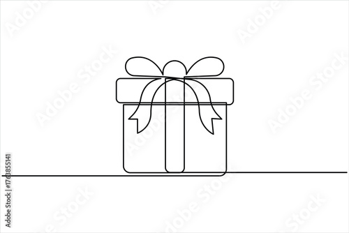 Continuous one line art drawing of present box with ribbon and bow. Gift box single line art outline vector illustration