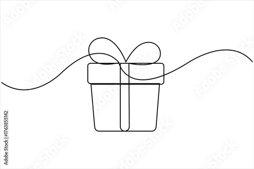 Continuous one line art drawing of present box with ribbon and bow. Gift box single line art outline vector illustration