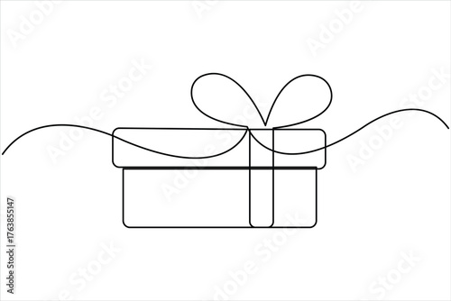 Continuous one line art drawing of present box with ribbon and bow. Gift box single line art outline vector illustration