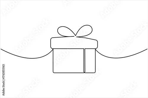 Continuous one line art drawing of present box with ribbon and bow. Gift box single line art outline vector illustration