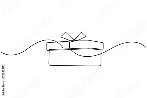 Continuous one line art drawing of present box with ribbon and bow. Gift box single line art outline vector illustration