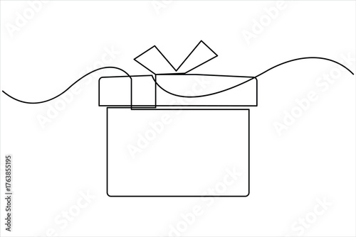 Continuous one line art drawing of present box with ribbon and bow. Gift box single line art outline vector illustration