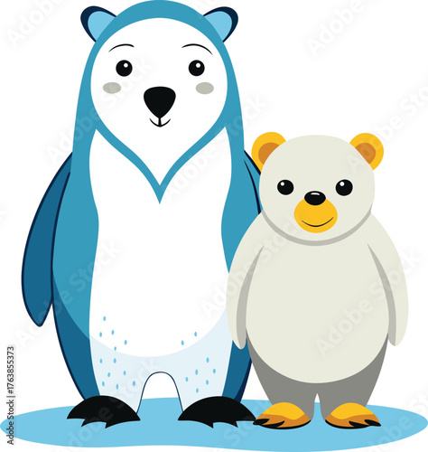 Two adorable cartoon polar bears standing together on a blue icy surface