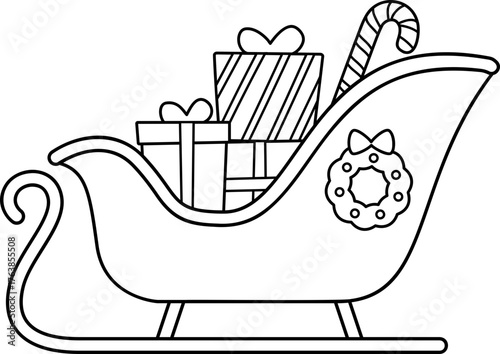 Sleigh filled with Christmas gifts and Christmas tree outline vector.
Santa's Sleigh with gifts coloring page and template.
Transparent background.