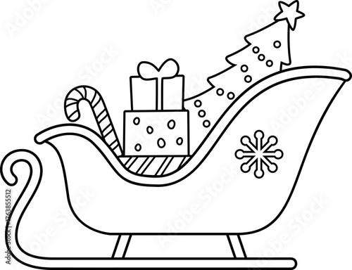 Sleigh filled with Christmas gifts and Christmas tree outline vector.
Santa's Sleigh with gifts coloring page and template.
Transparent background.