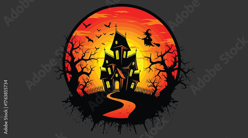 Vector art of an eerie halloween scene with a haunted house, silhouetted trees, bats, and a witch flying across a fiery sunset, perfect for creating a spooky and festive atmosphere